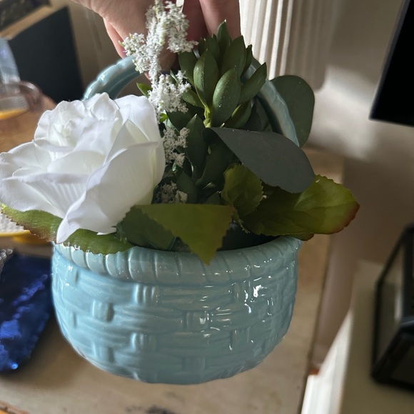 Blue Woven Ceramic Planter with Faux Flowers - Picture 1 of 3